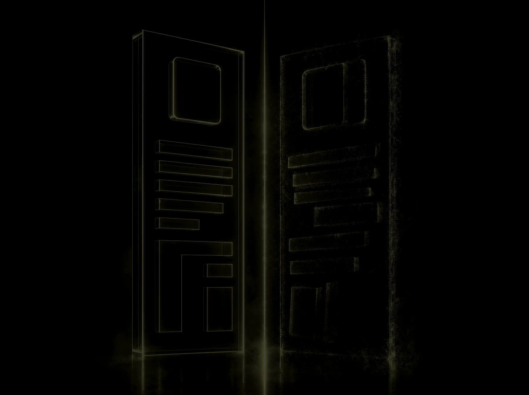 Dim, low-contrast abstract store listings side by side in near-darkness, one of them degraded.